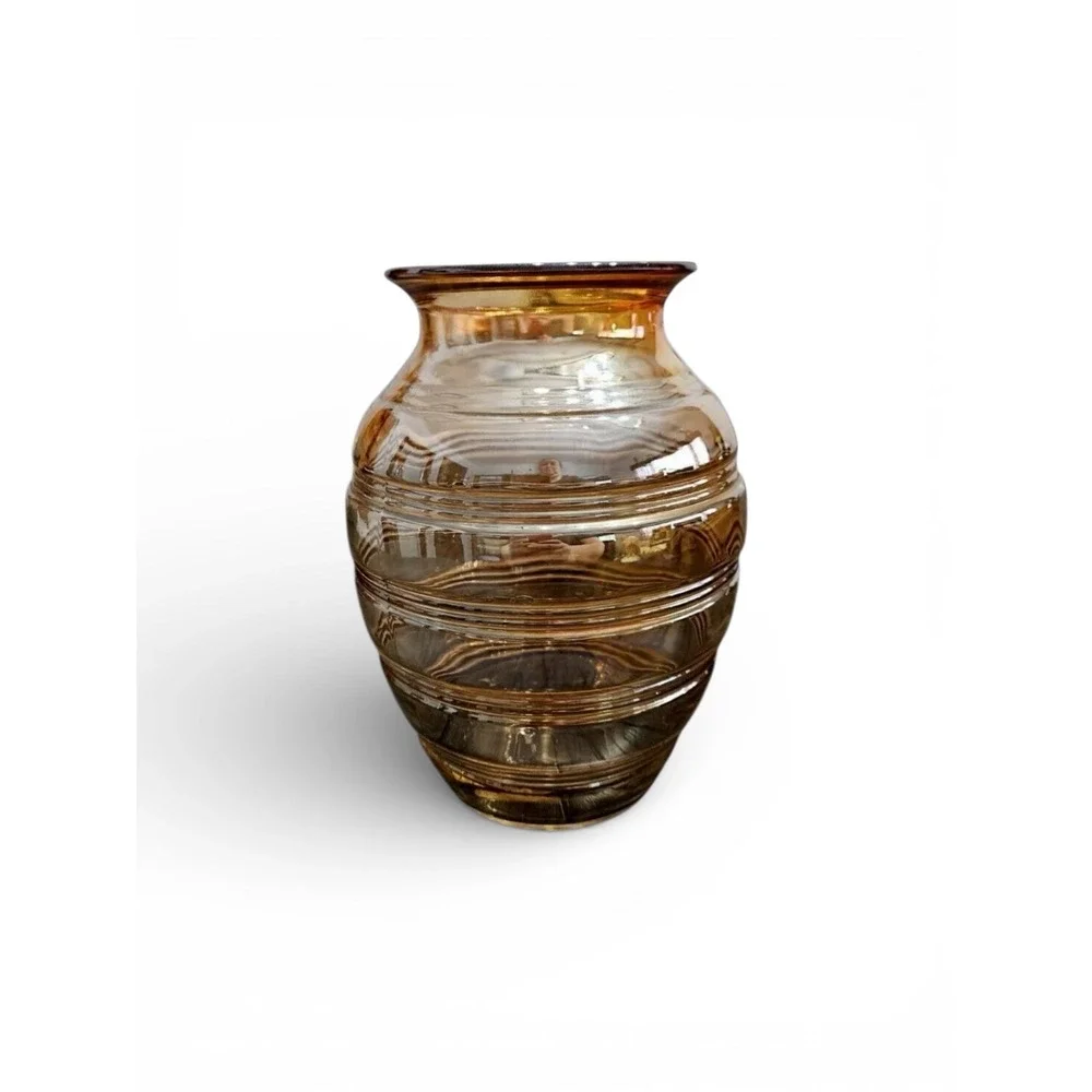 Vintage ANCHOR HOCKING Amber Iridescent Carnival Glass Ribbed Banded Vase